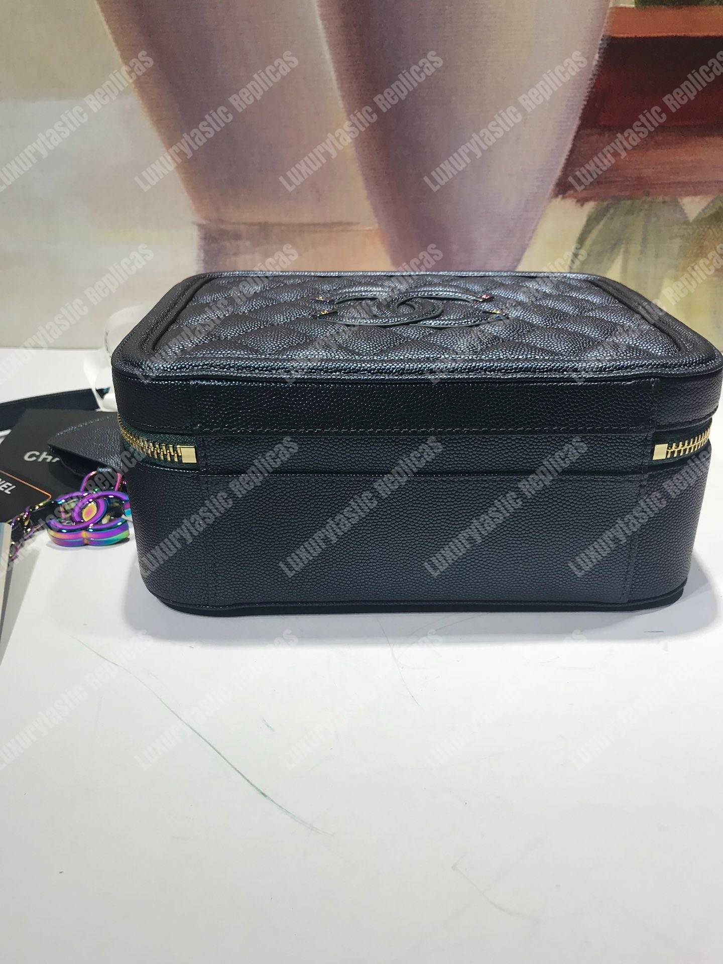 Ch*el iridescent rainbow medium filigree vanity case turquoise