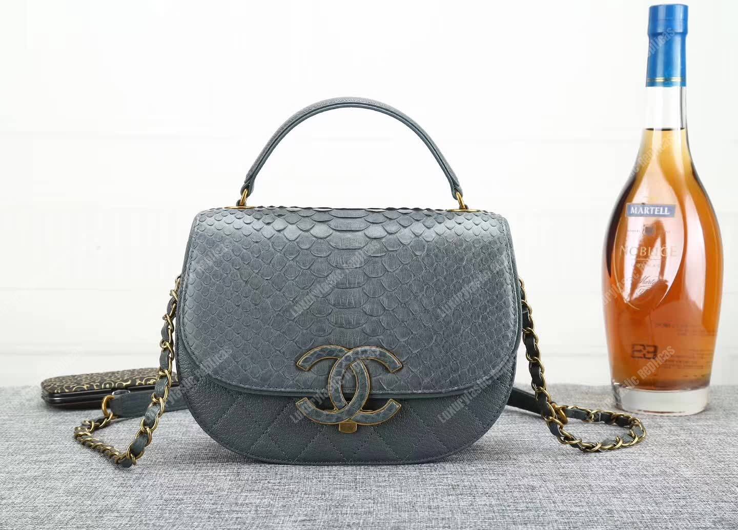 Ch*el medium flap bag with top handle grey