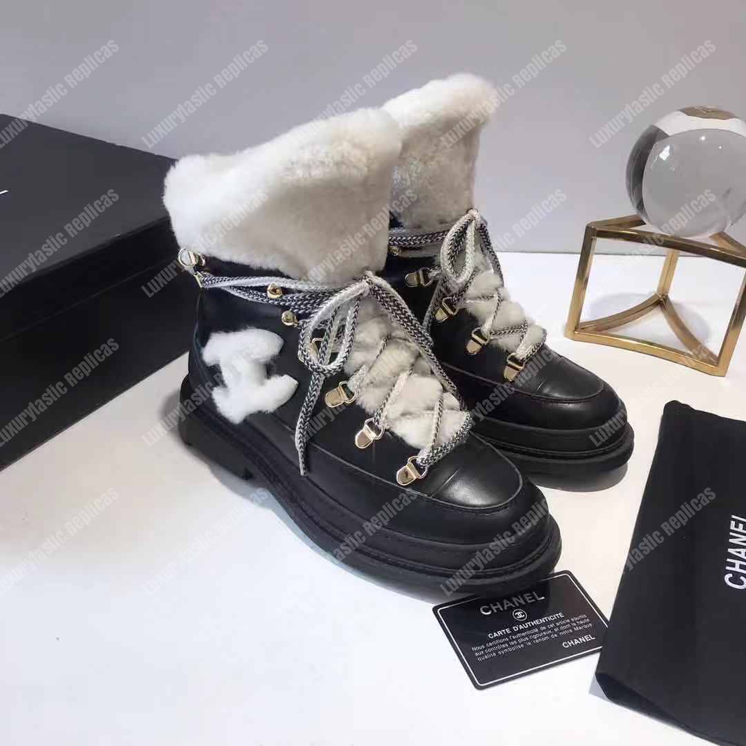 Ch*el round toe lace-up leather boots black / white