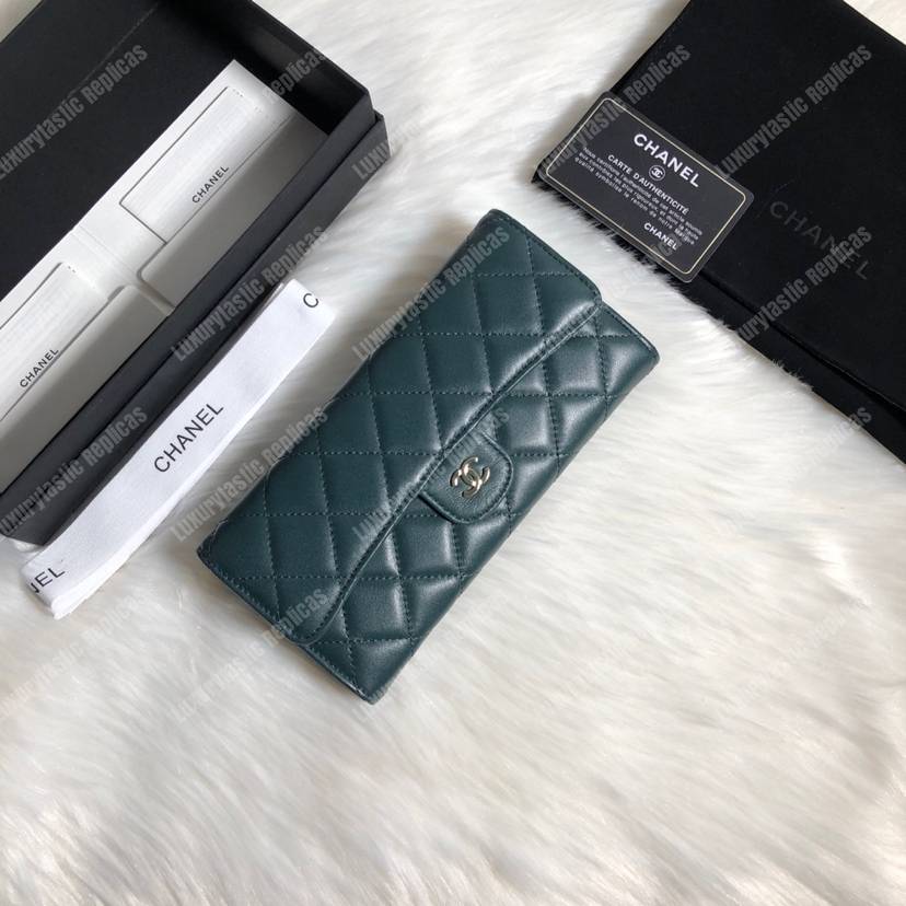 Ch*el classic long flap wallet lambskin leather green