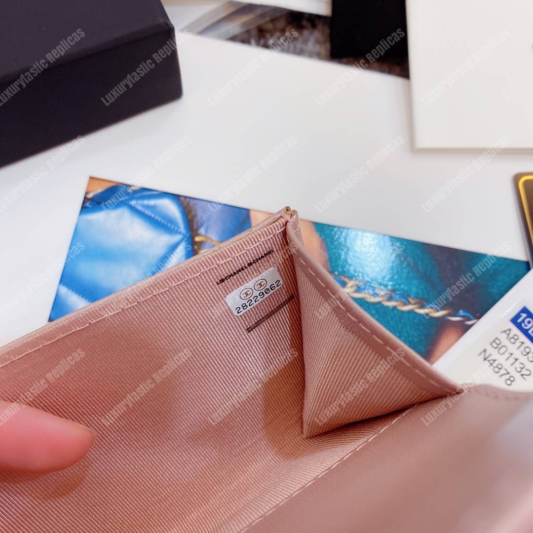 Ch*el flap card holder satin finish goatskin pink