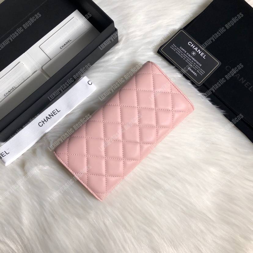 Ch*el classic long flap wallet silver tone pink