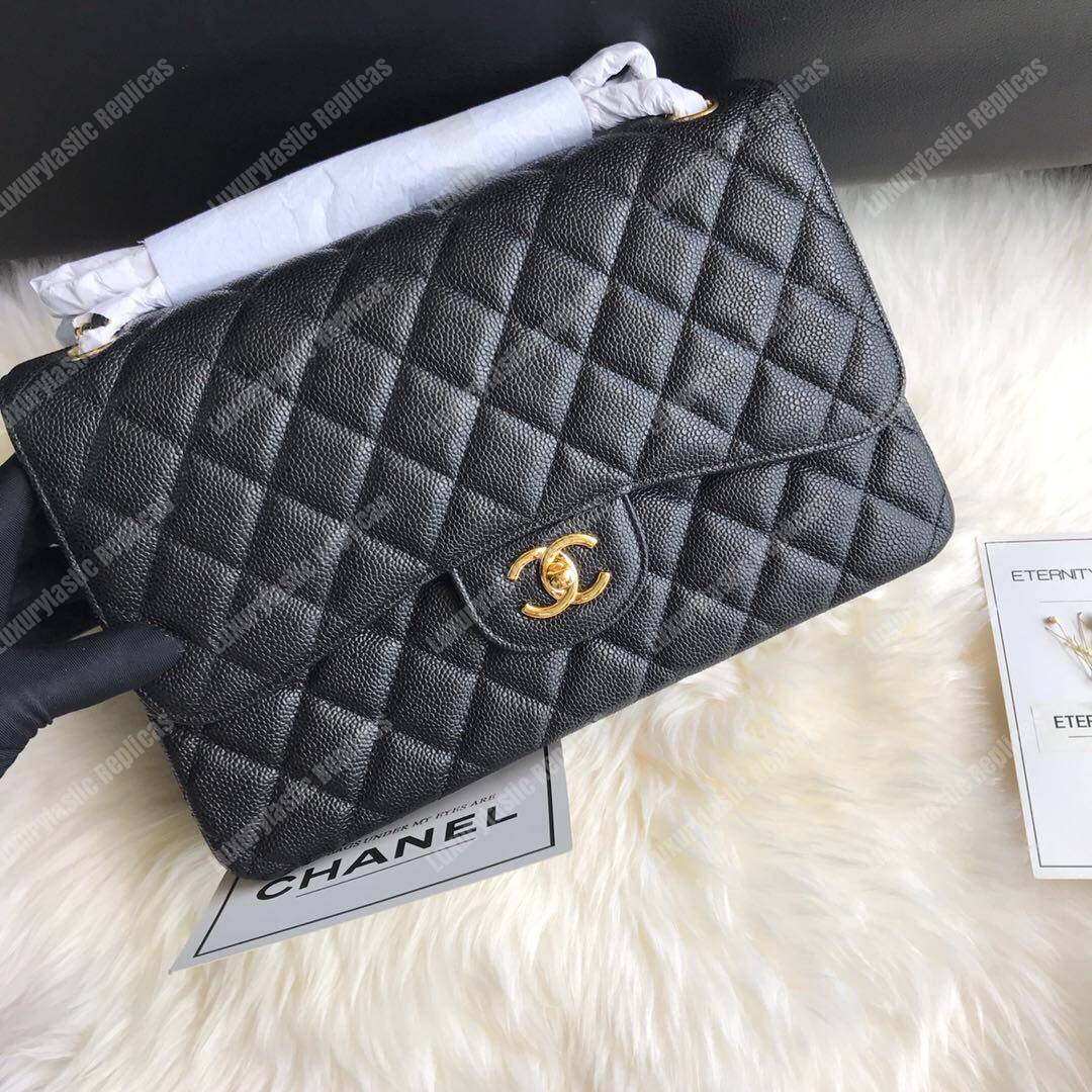 Ch*el classic maxi handbag black grained calfskin gold-toned