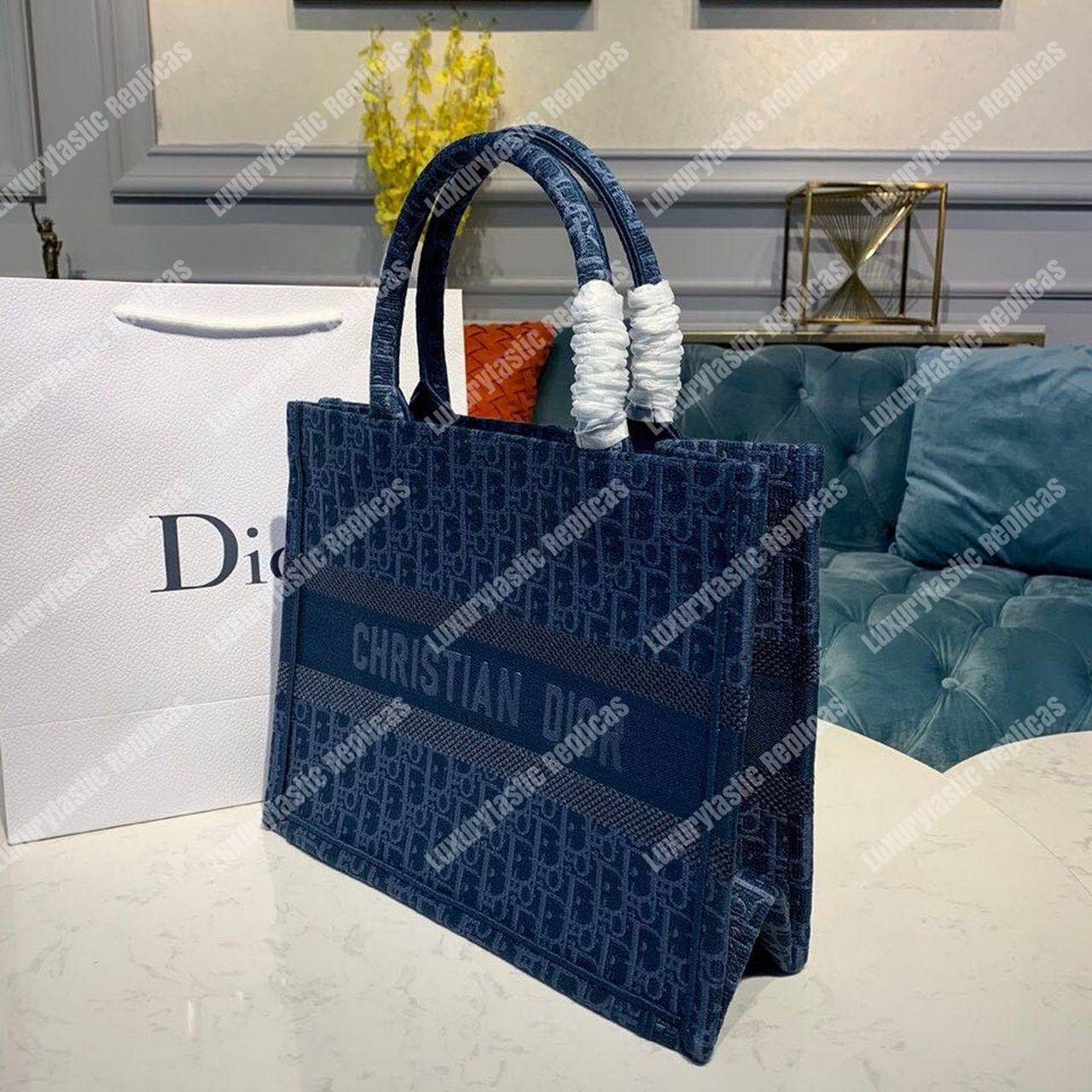 D*or small blue D*or oblique embroidered denim D*or book tote