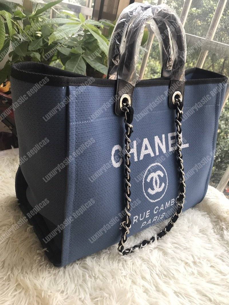 Ch*el deauville fabric tote navy blue/black