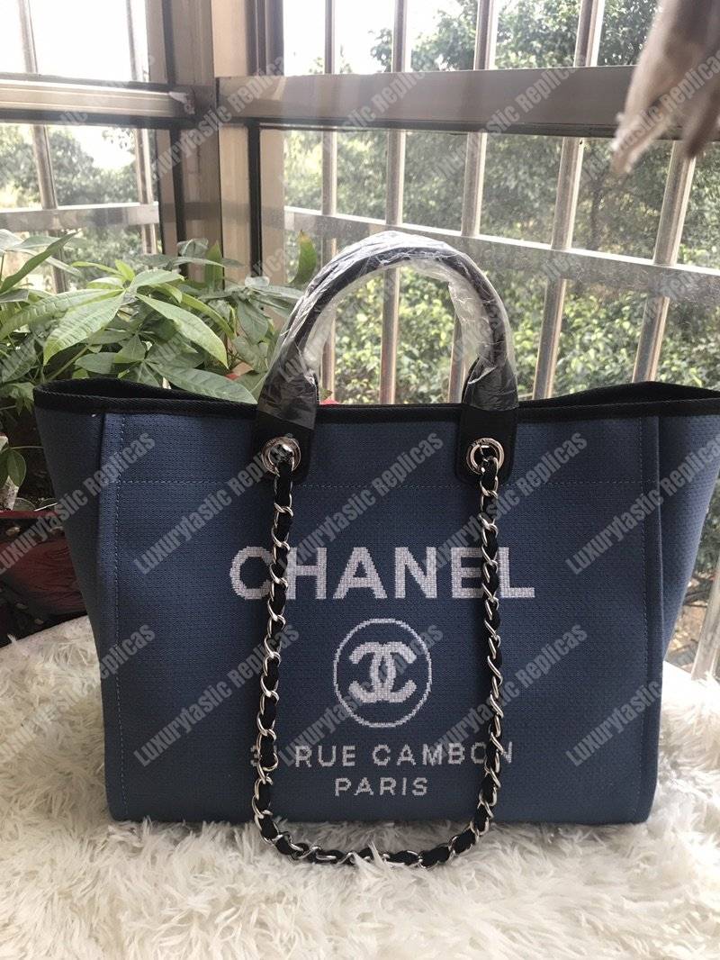 Ch*el deauville fabric tote navy blue/black