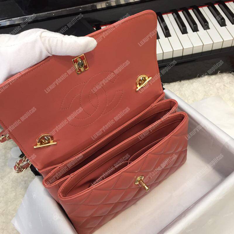 Ch*el small flap bag with top handle dark pink-gold