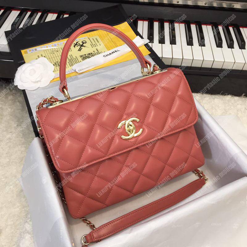Ch*el small flap bag with top handle dark pink-gold