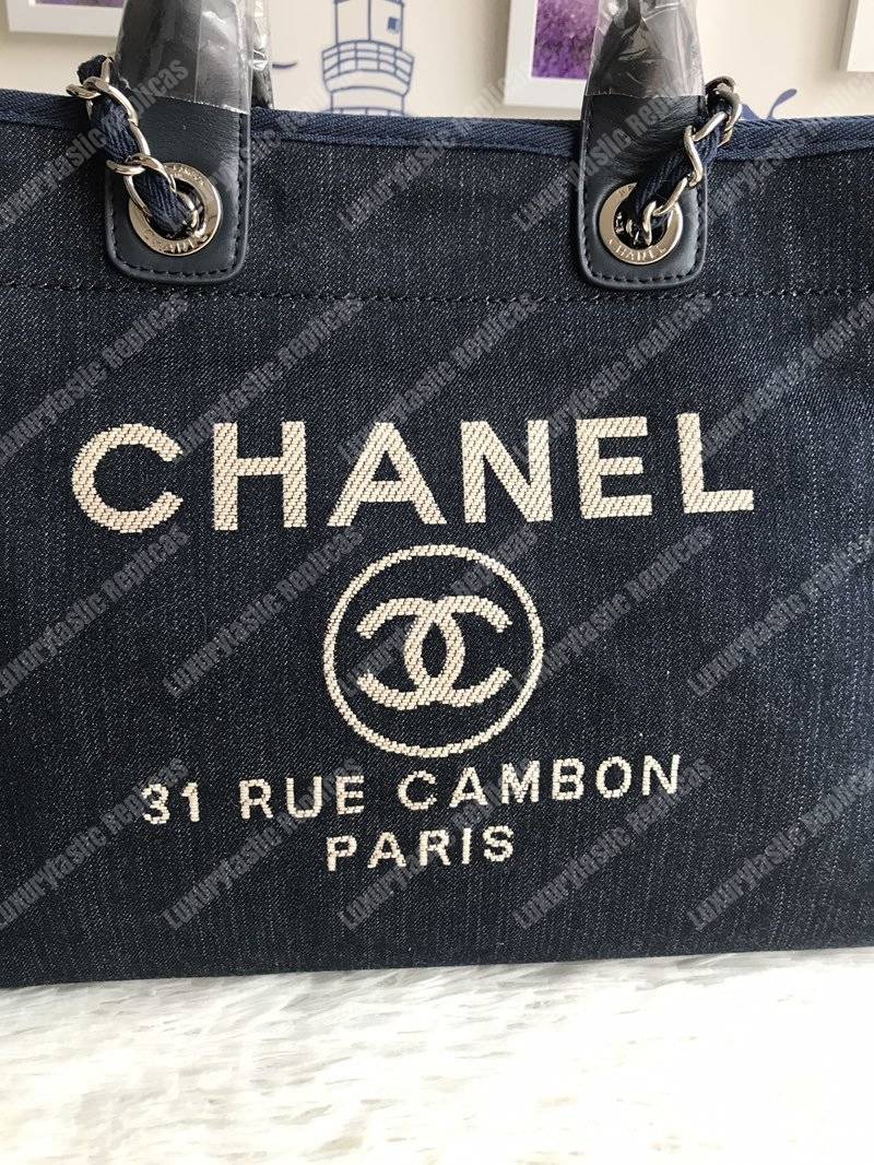 Ch*el deauville fabric tote navy blue/gold