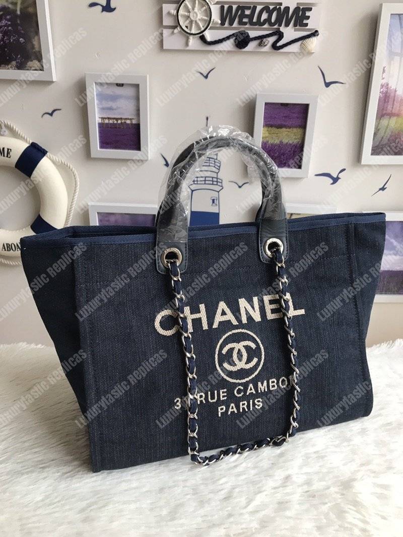 Ch*el deauville fabric tote navy blue/gold