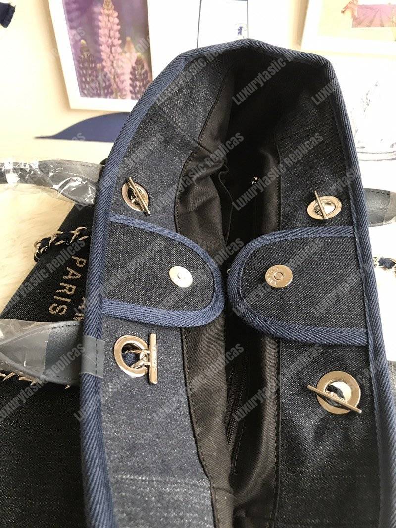 Ch*el deauville fabric tote navy blue/gold