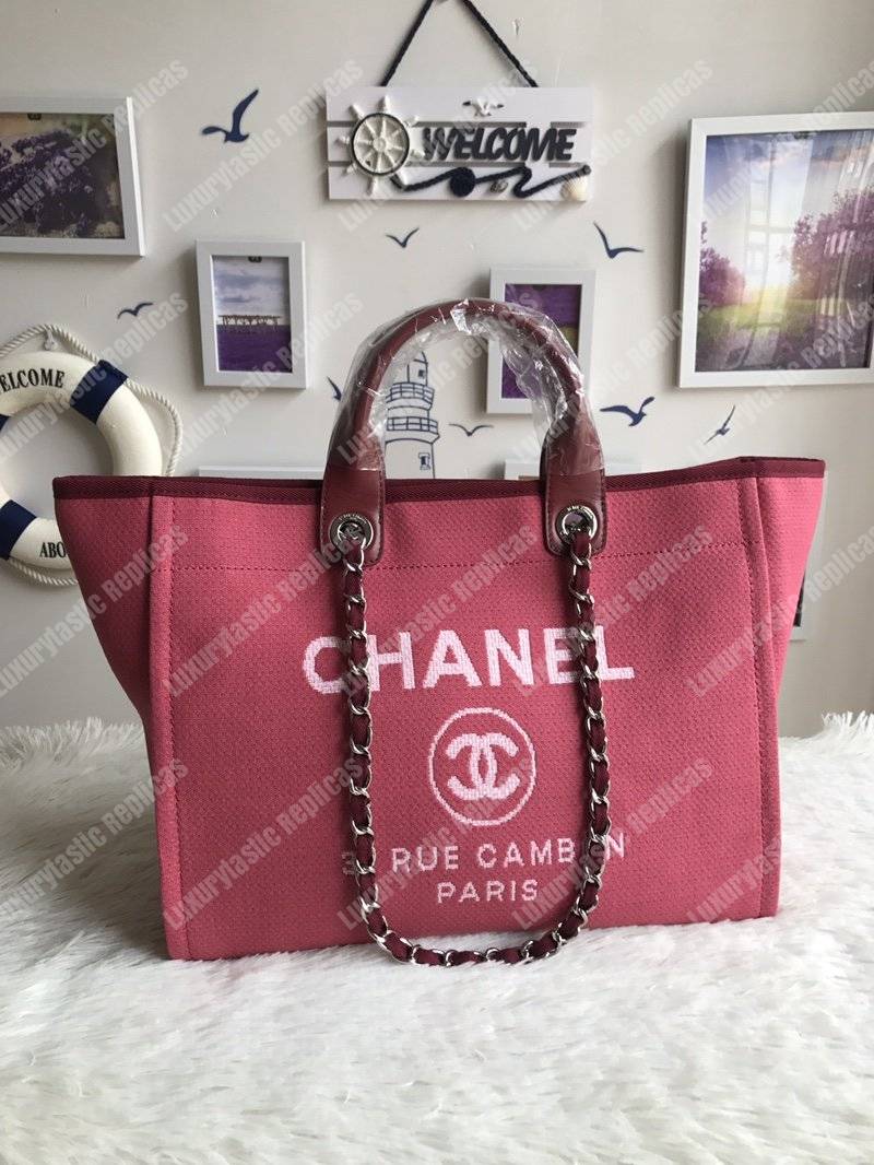 Ch*el deauville fabric tote dark fuchsia/white