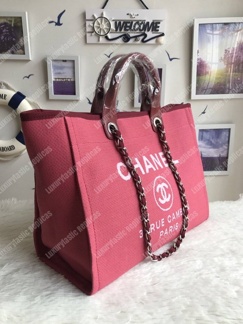 Ch*el deauville fabric tote dark fuchsia/white