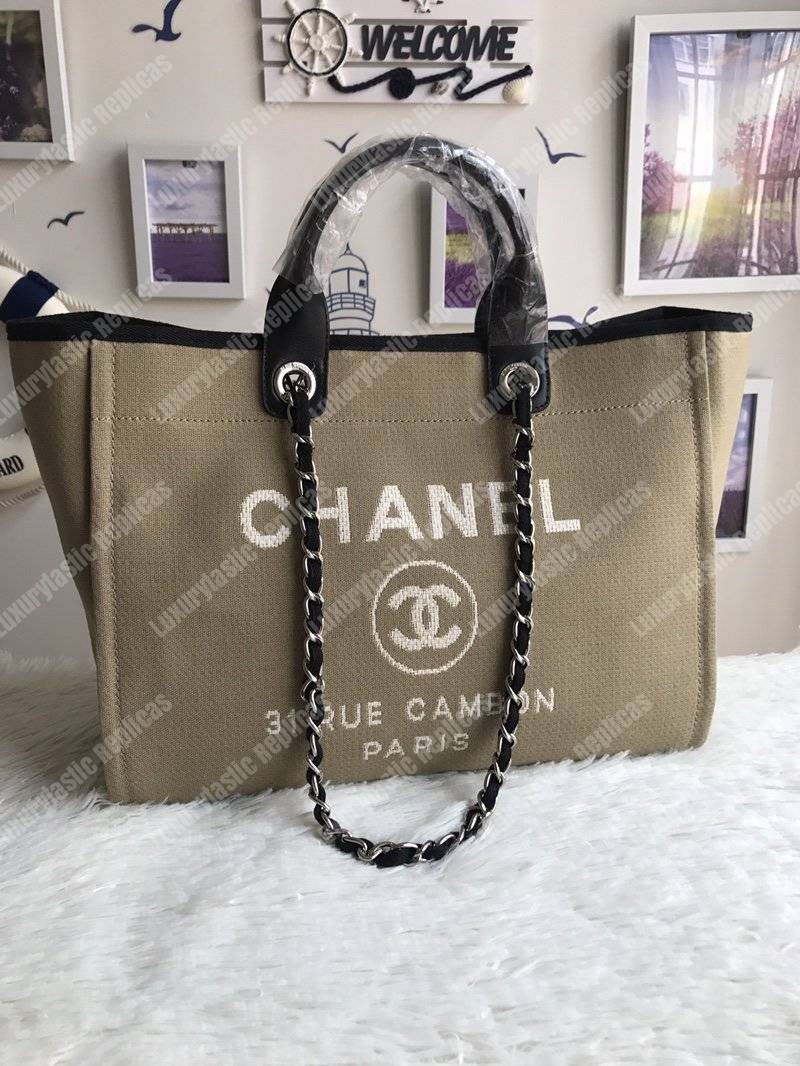 Ch*el deauville fabric tote taupe/white