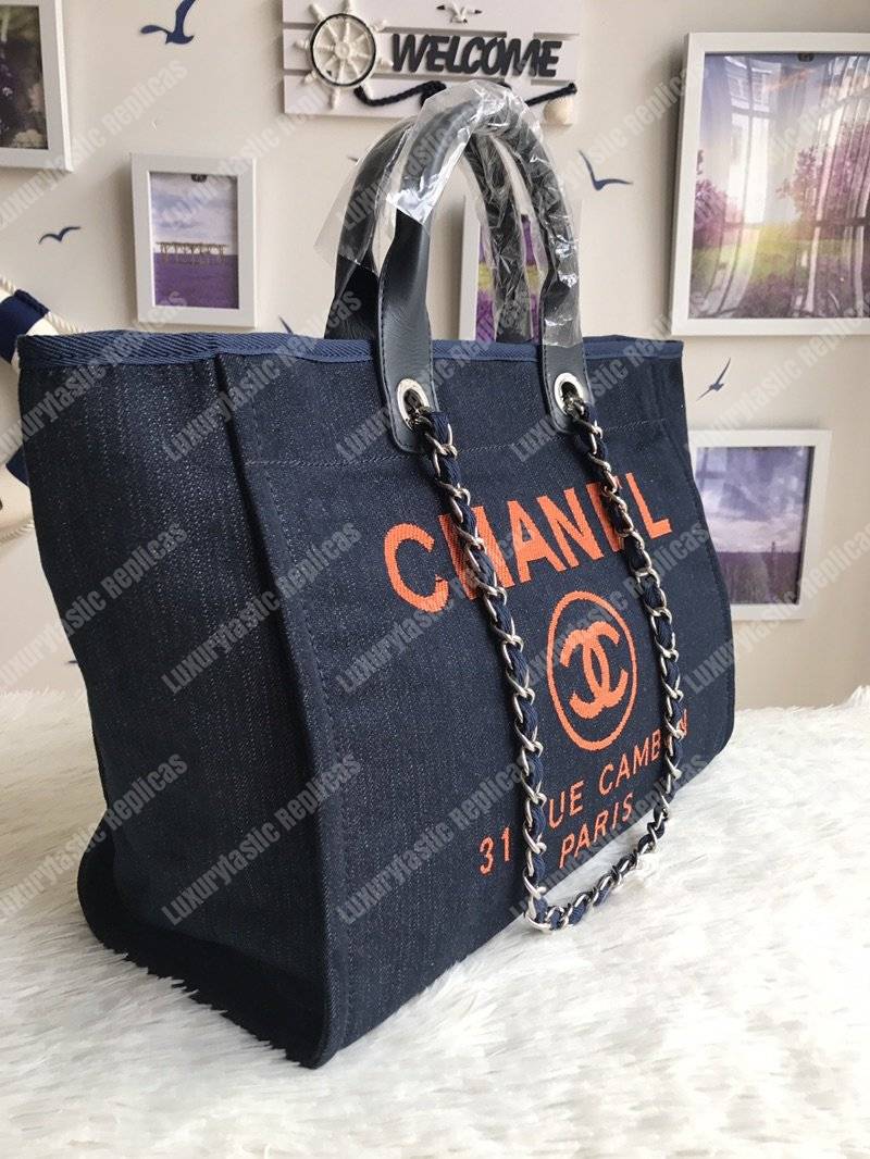 Ch*el deauville fabric tote dark blue/orange