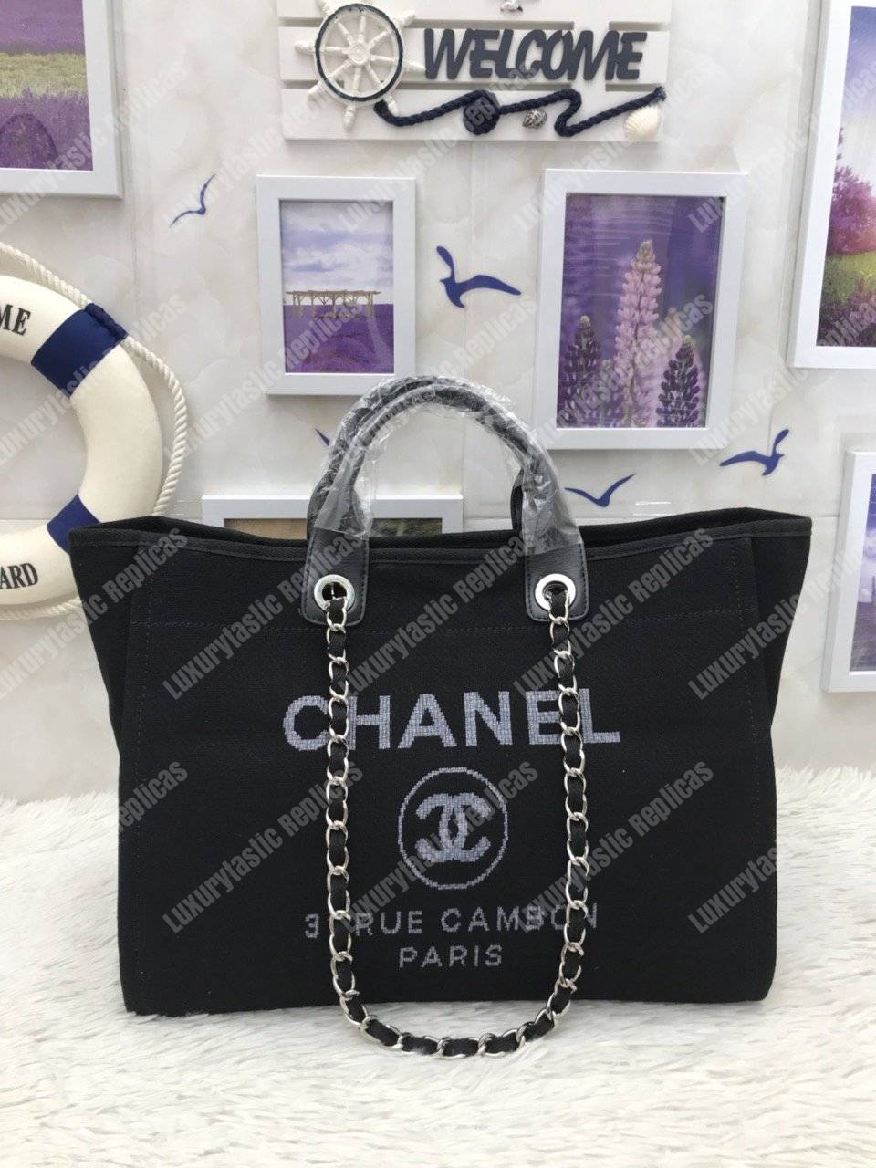 Ch*el deauville fabric tote black/gray