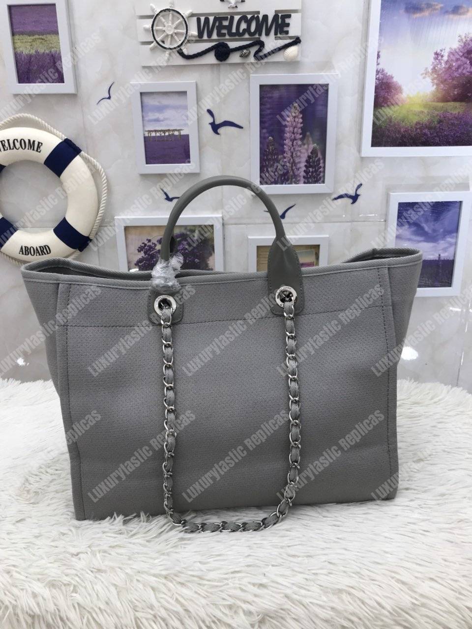 Ch*el deauville fabric tote navy gray/white
