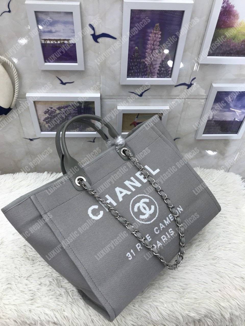 Ch*el deauville fabric tote navy gray/white