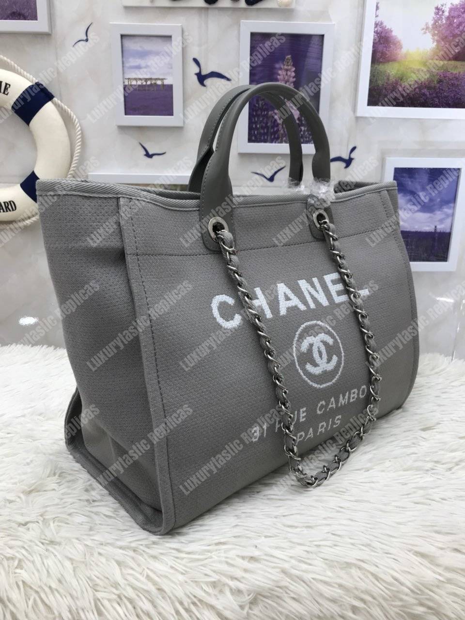 Ch*el deauville fabric tote navy gray/white