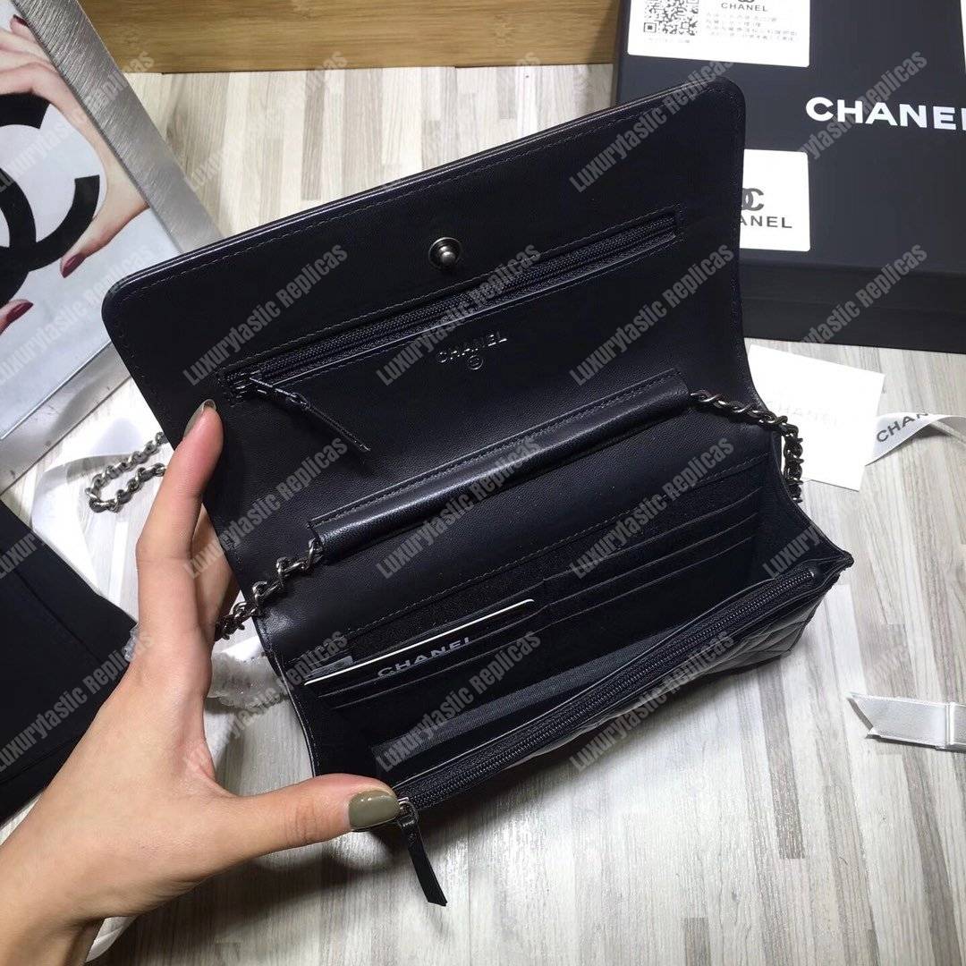 Ch*el le boy wallet on chain – woc black quilted lambskin silver-toned