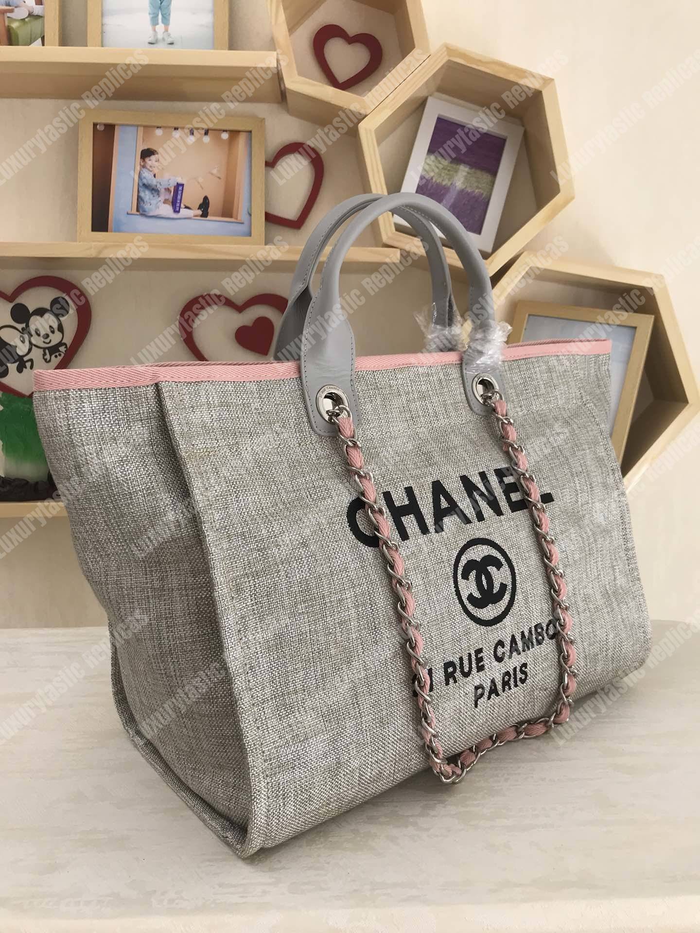 Ch*el deauville fabric tote gray/pink