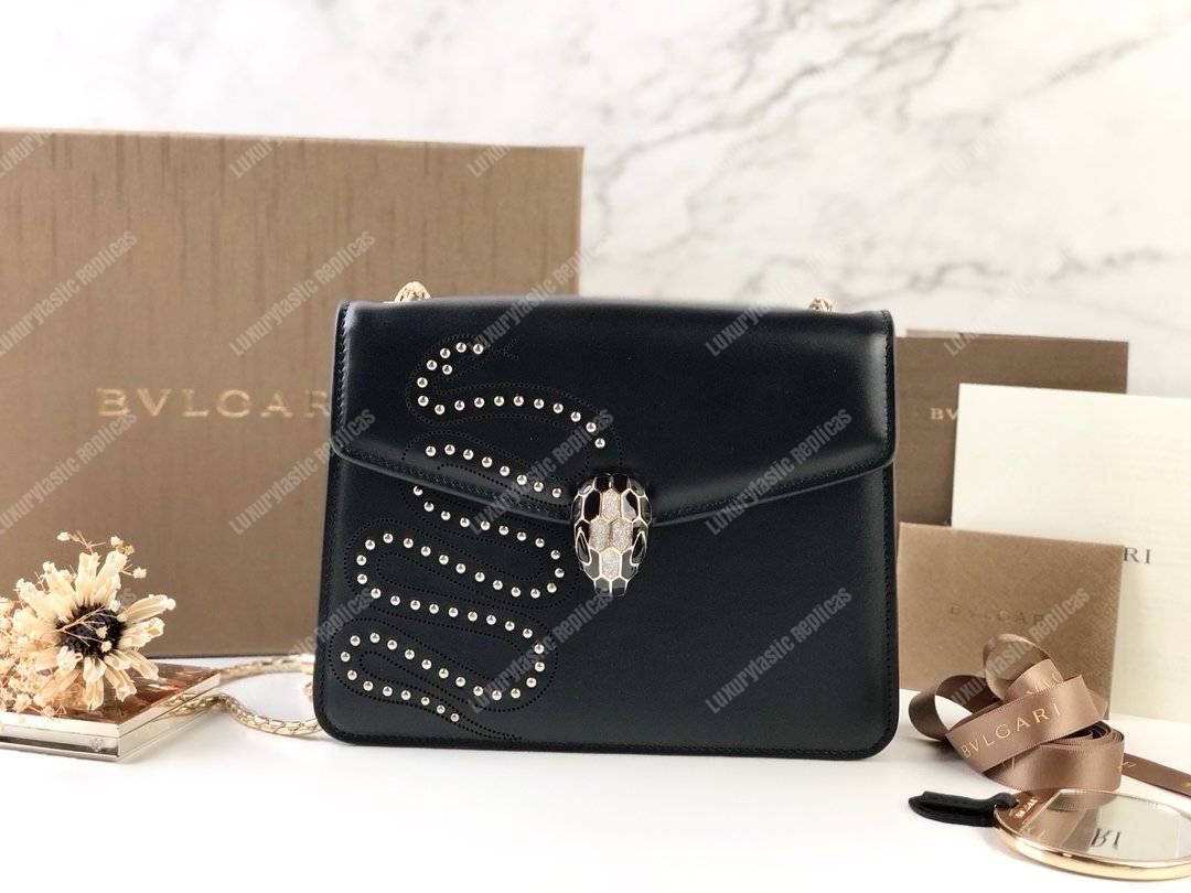 BVL Serpenti Forever Flap Cover Crossbody Bag Black With Studded Neon Motif