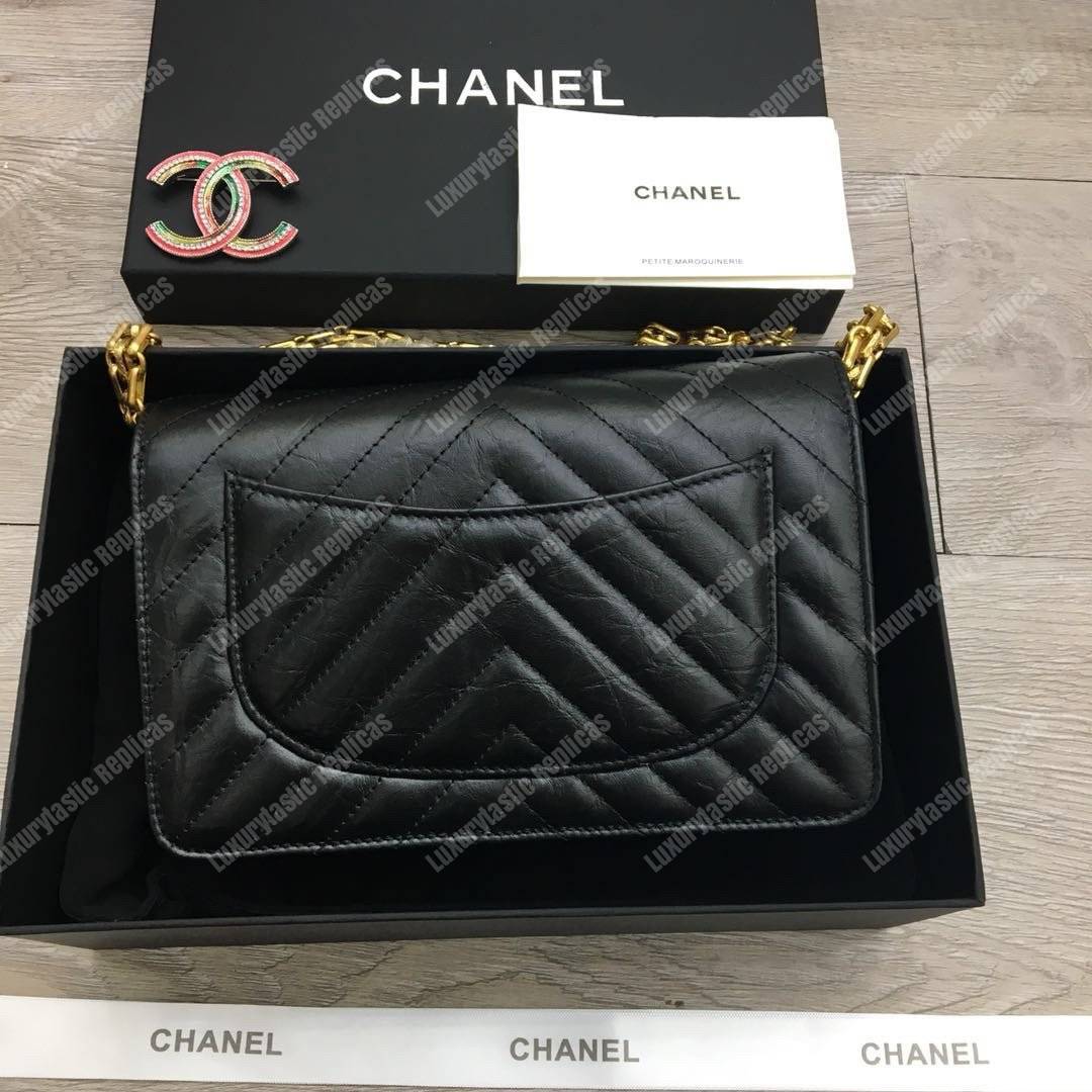 Ch*el reissue 2.55 wallet on chain – woc chevron calfskin black gold-toned