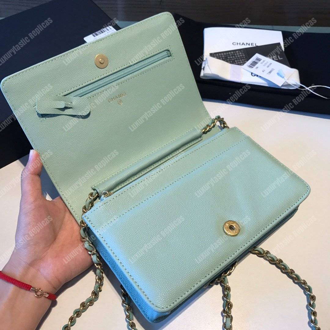 Ch*el le boy wallet on chain – woc seafoam green caviar gold-toned