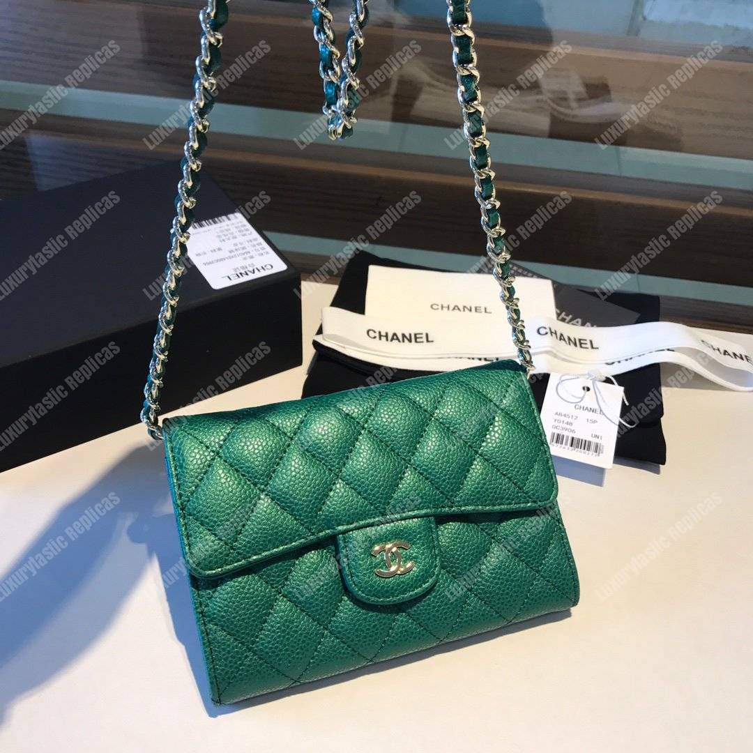Ch*el classic clutch witch chain – cwc caviar green silver-toned
