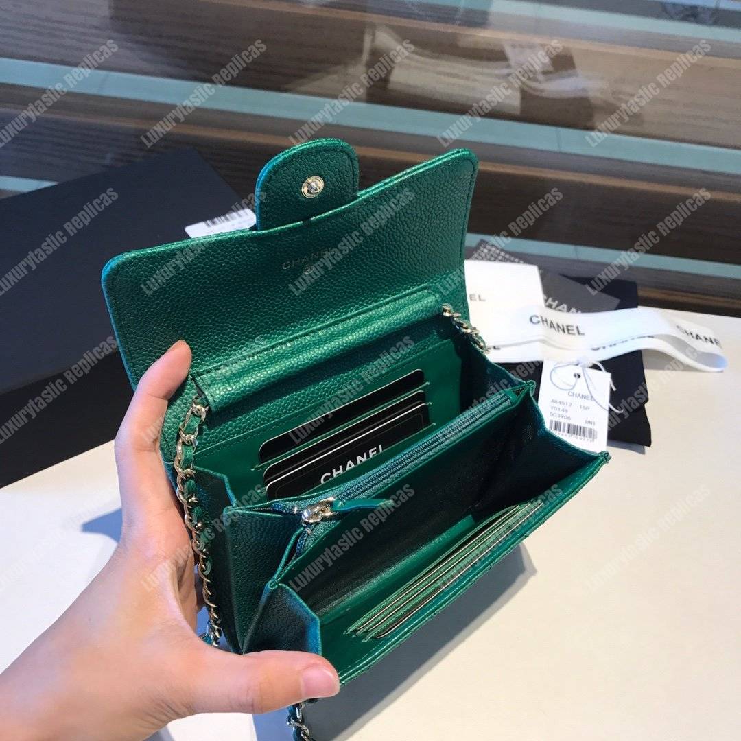 Ch*el classic clutch witch chain – cwc caviar green silver-toned