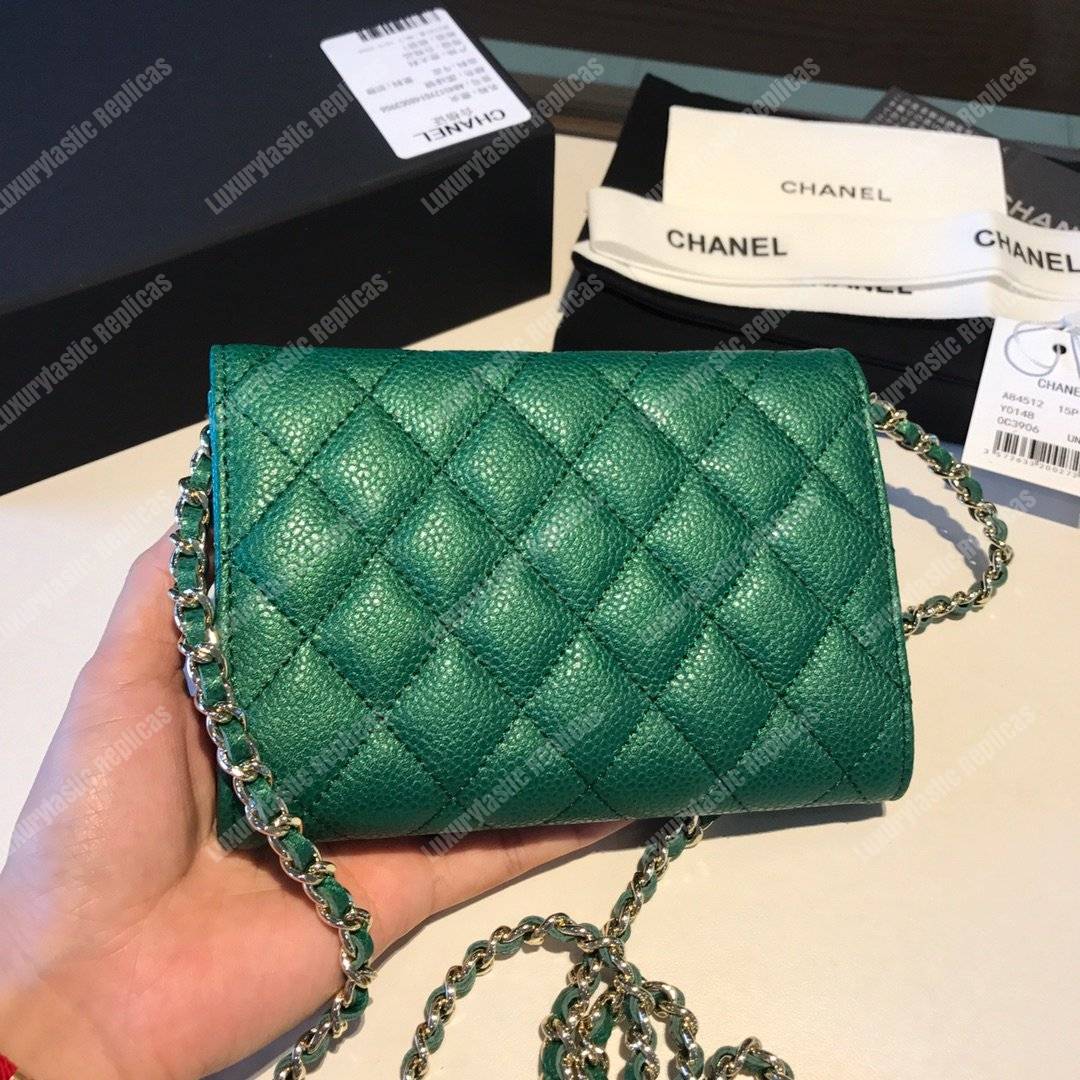 Ch*el classic clutch witch chain – cwc caviar green silver-toned