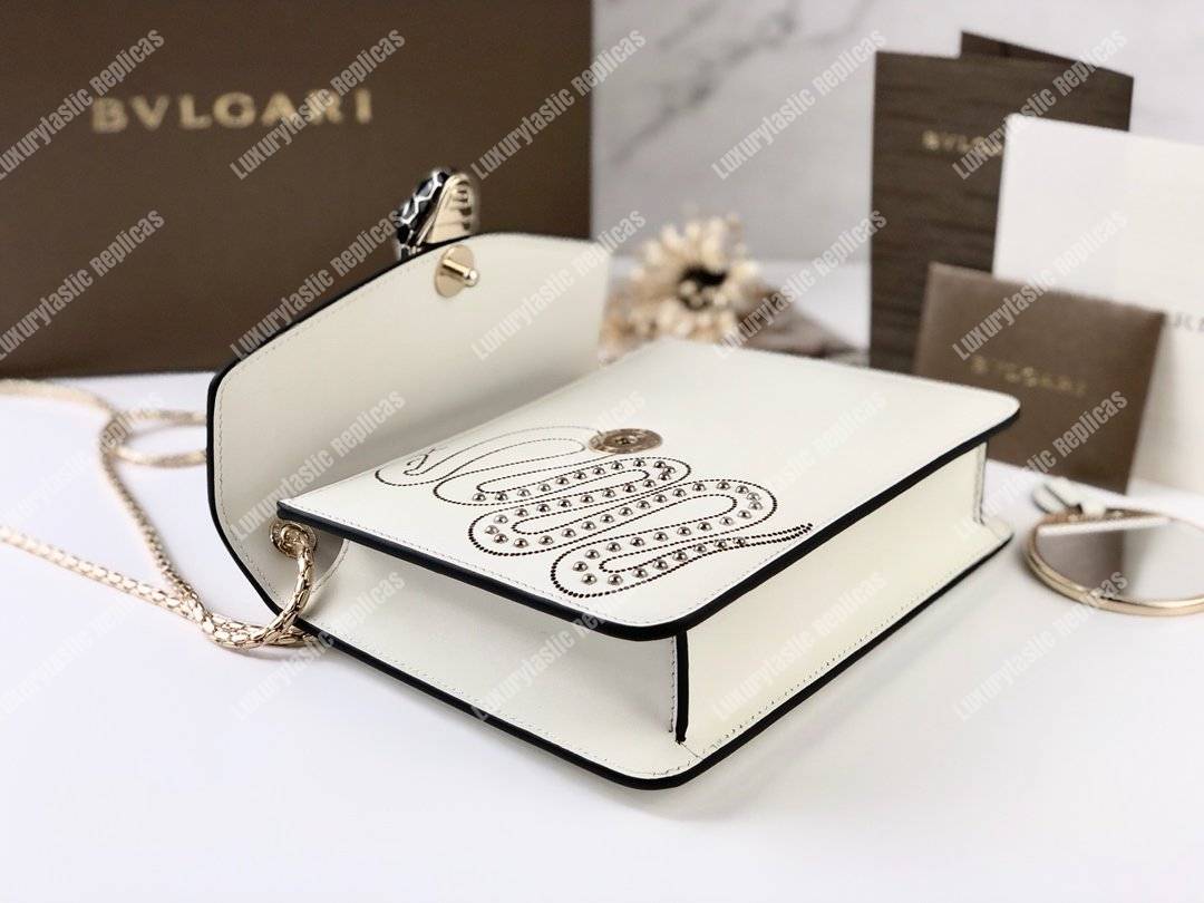 BVL Serpenti Forever Flap Cover Crossbody Bag White Agate With Studded Neon Motif