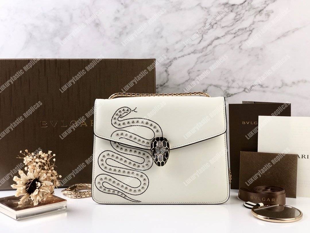 BVL Serpenti Forever Flap Cover Crossbody Bag White Agate With Studded Neon Motif