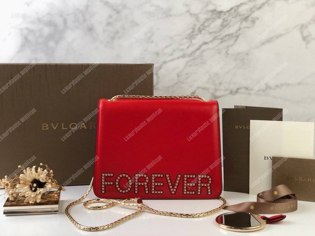 BVL Serpenti Forever Flap Cover Crossbody Bag Flame Coral With Studded Neon Motif