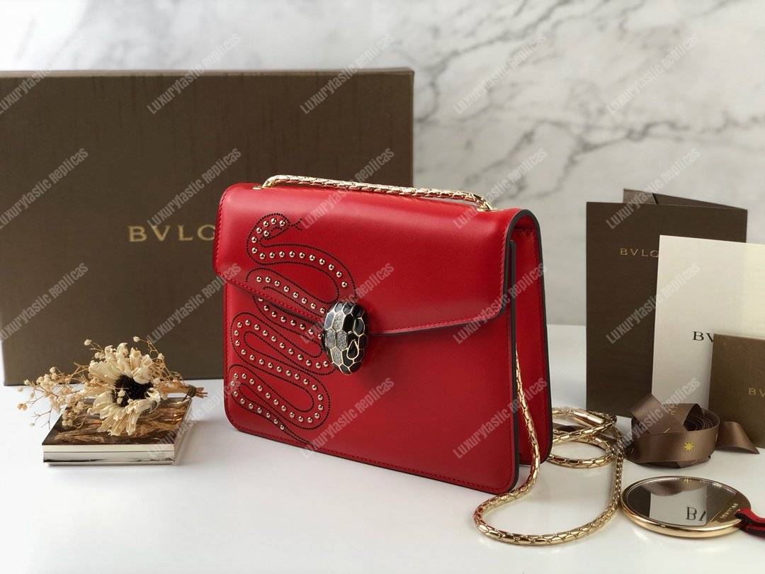 BVL Serpenti Forever Flap Cover Crossbody Bag Flame Coral With Studded Neon Motif