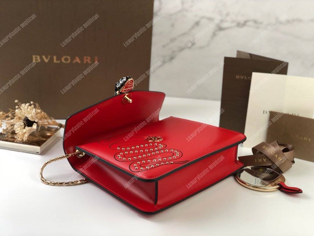 BVL Serpenti Forever Flap Cover Crossbody Bag Flame Coral With Studded Neon Motif