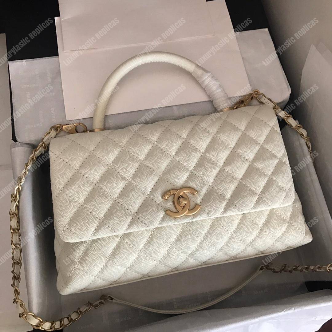 Ch*el flap bag with top handle white