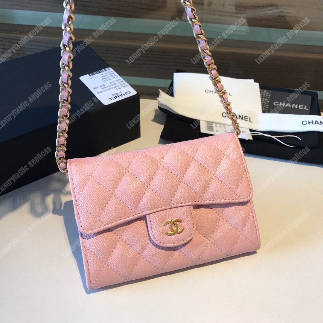Ch*el classic clutch with chain – cwc caviar light pink gold-toned