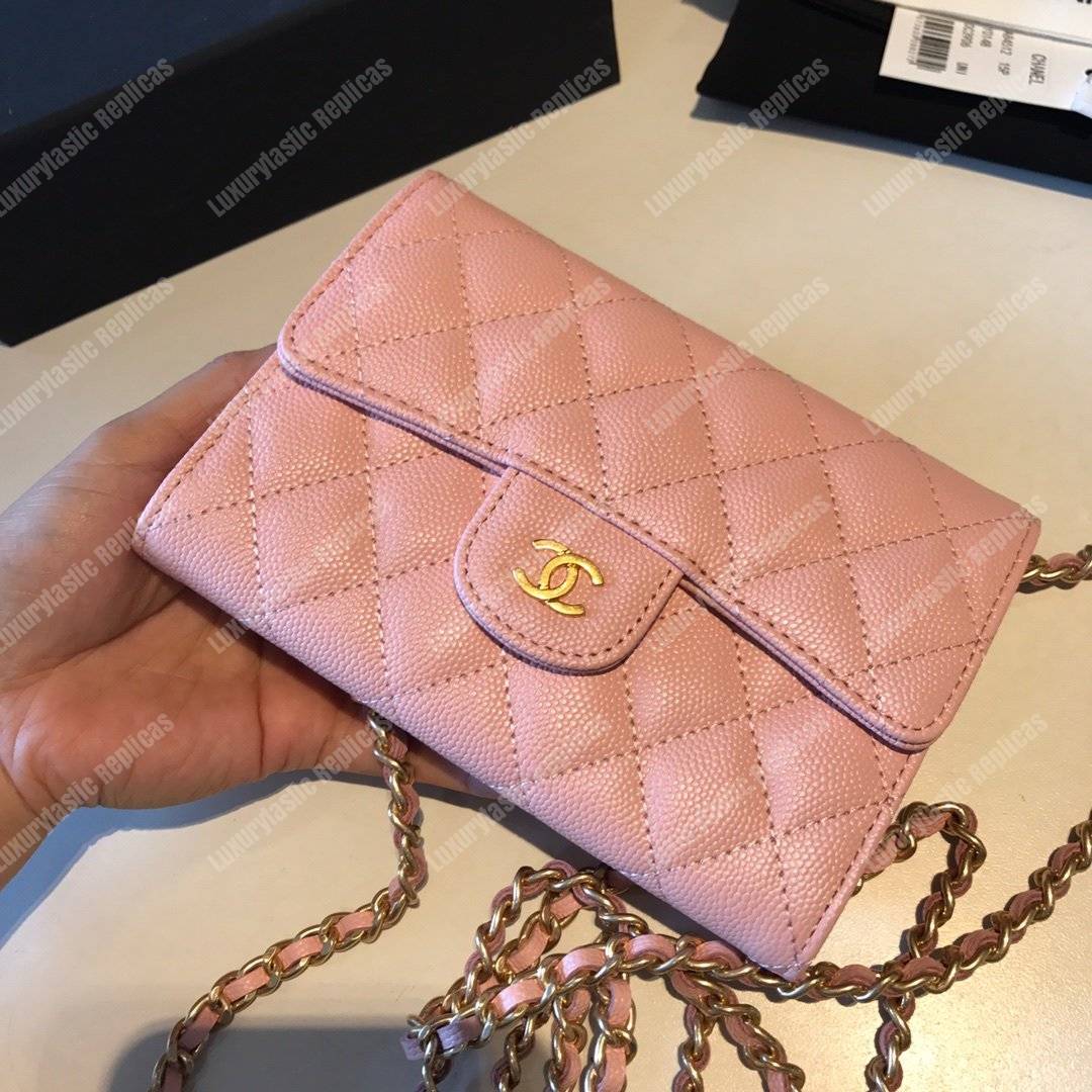 Ch*el classic clutch with chain – cwc caviar light pink gold-toned