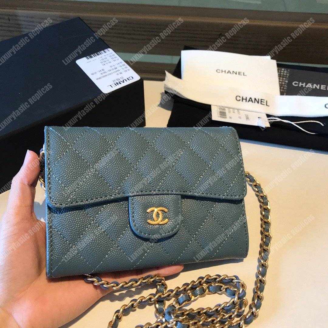Ch*el classic clutch with chain – cwc caviar light blue silver-toned