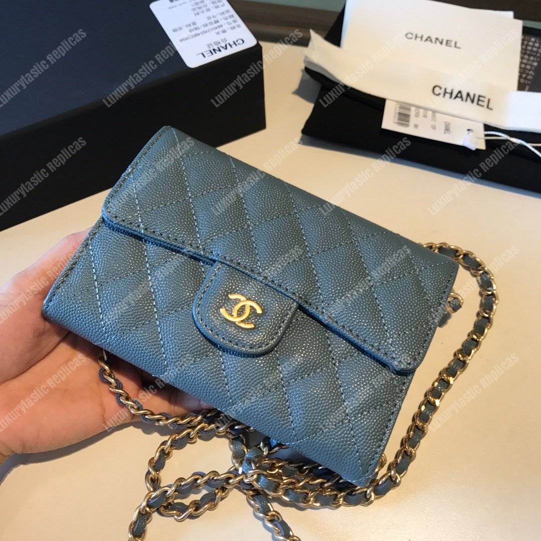 Ch*el classic clutch with chain – cwc caviar light blue silver-toned