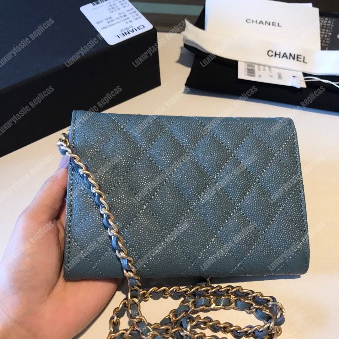 Ch*el classic clutch with chain – cwc caviar light blue silver-toned