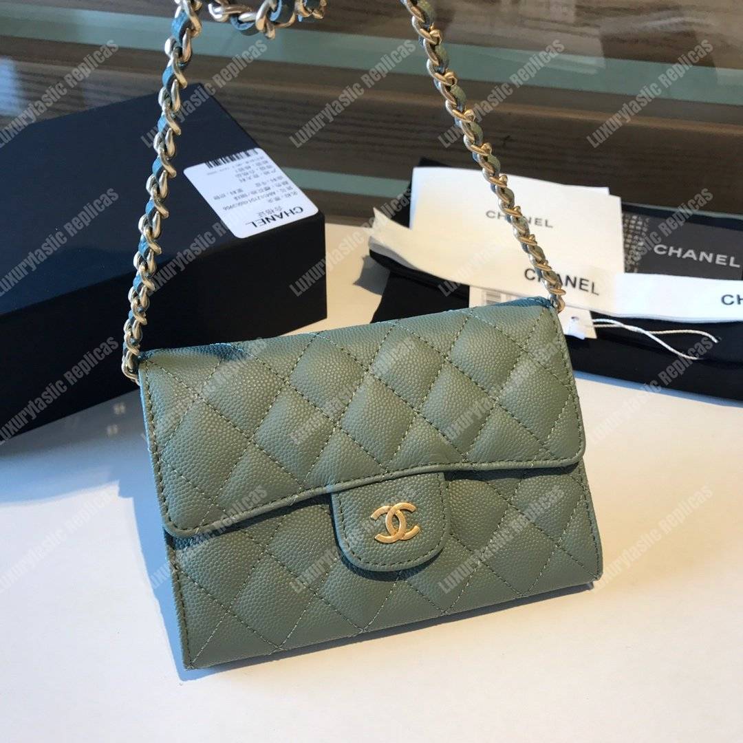 Ch*el classic clutch with chain – cwc caviar pistachio gold-toned