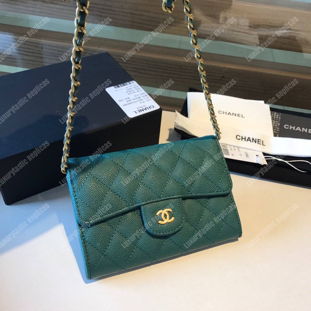 Ch*el classic clutch with chain – cwc caviar teal gold-toned