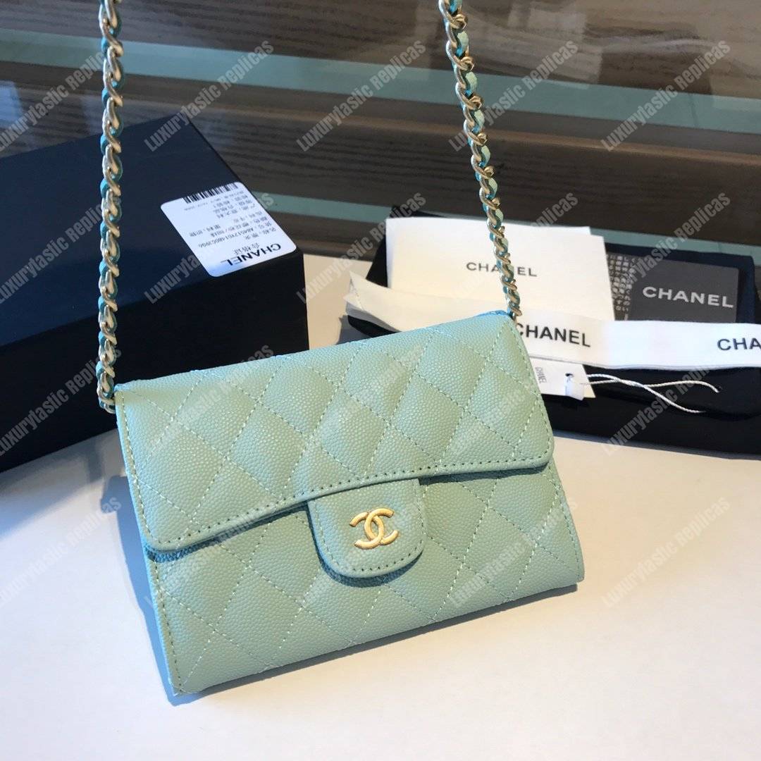 Ch*el classic clutch with chain – cwc caviar seafoam green silver-toned