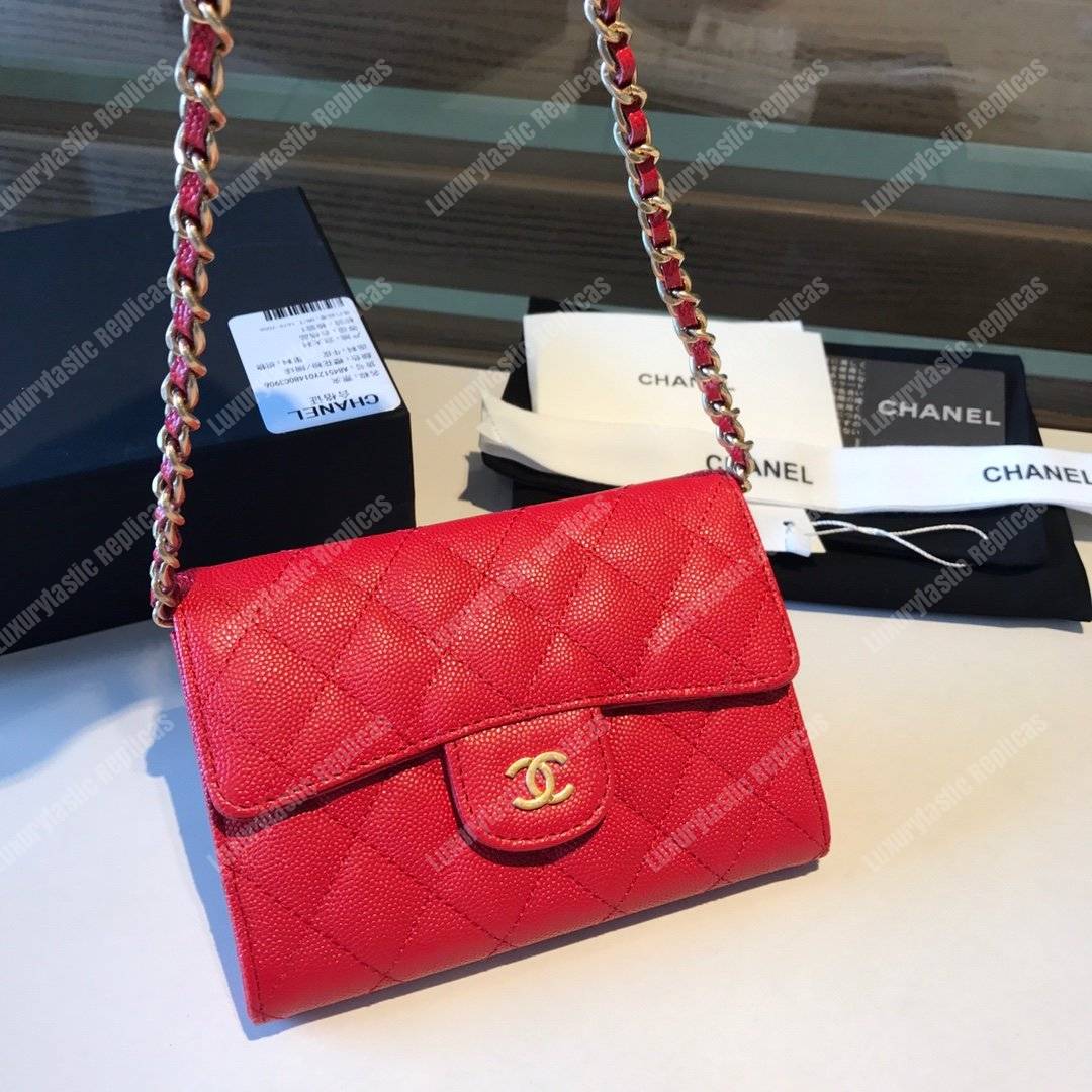 Ch*el classic clutch with chain – cwc caviar red silver-toned