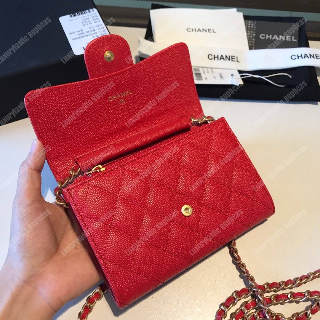 Ch*el classic clutch with chain – cwc caviar red silver-toned