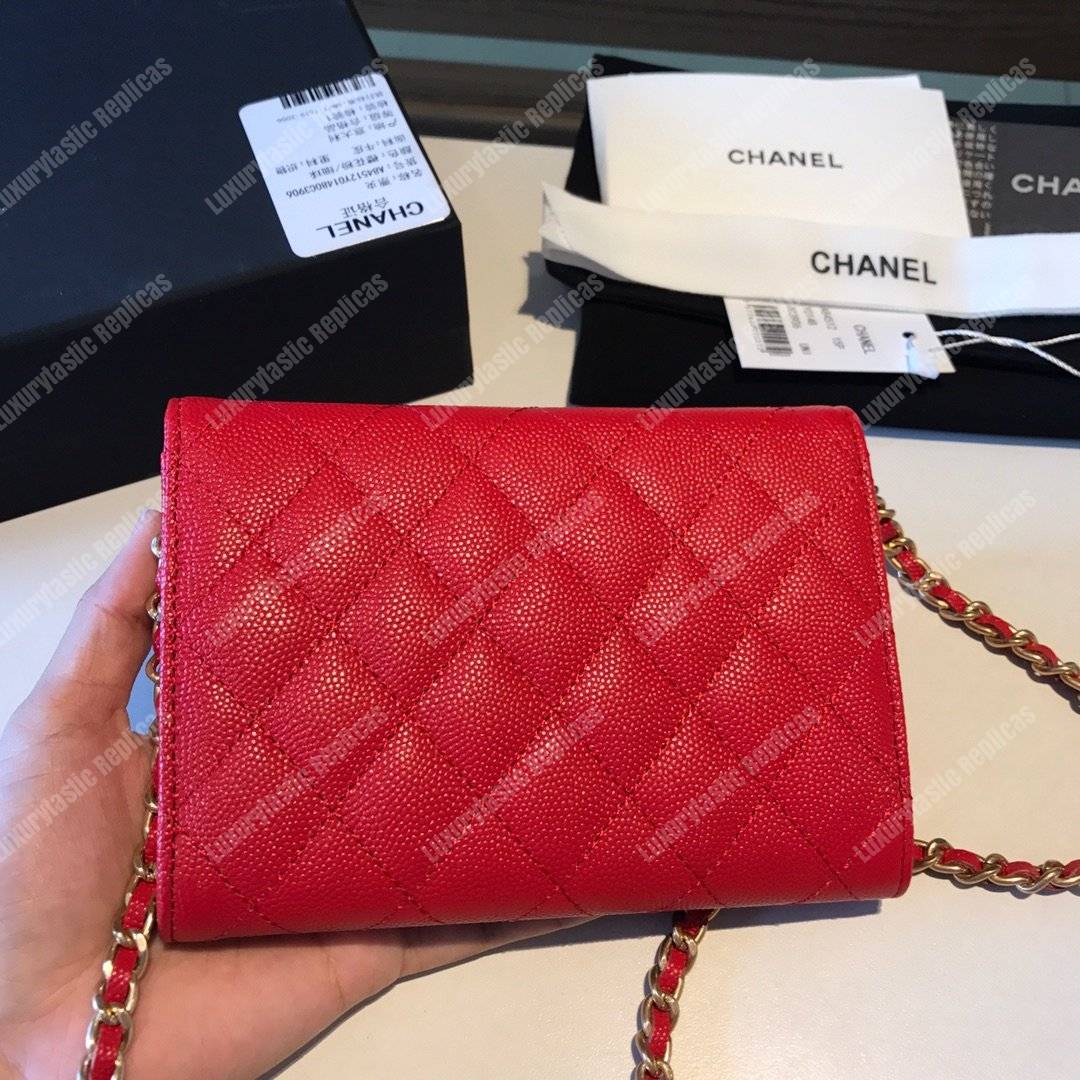 Ch*el classic clutch with chain – cwc caviar red silver-toned