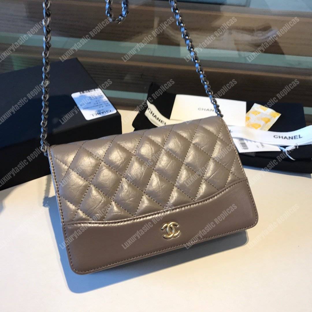 Ch*el wallet on chain – woc aged & smooth calfskin gray