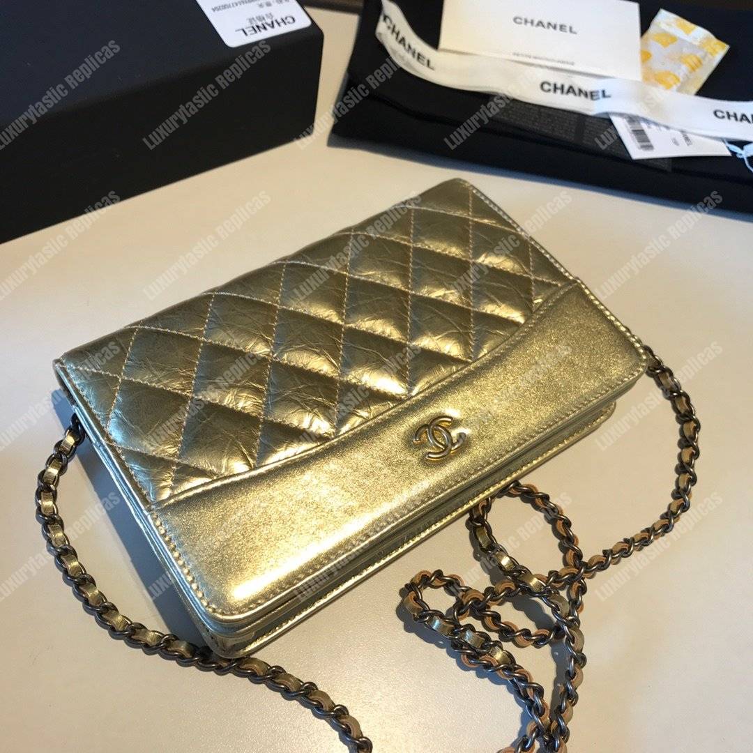 Ch*el wallet on chain – woc aged & smooth calfskin metallic gold